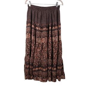 VTG Brown Floral Boho Maxi Skirt Sz M Earthy Folk Ethnic Flowy Ruffled Peasant